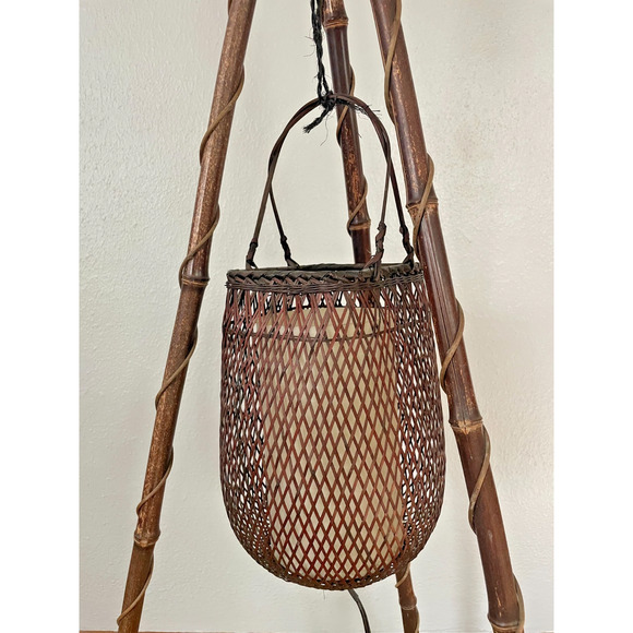 Vintage Bamboo Tripod Floor Lamp with Rattan Shade - Picture 2 of 8